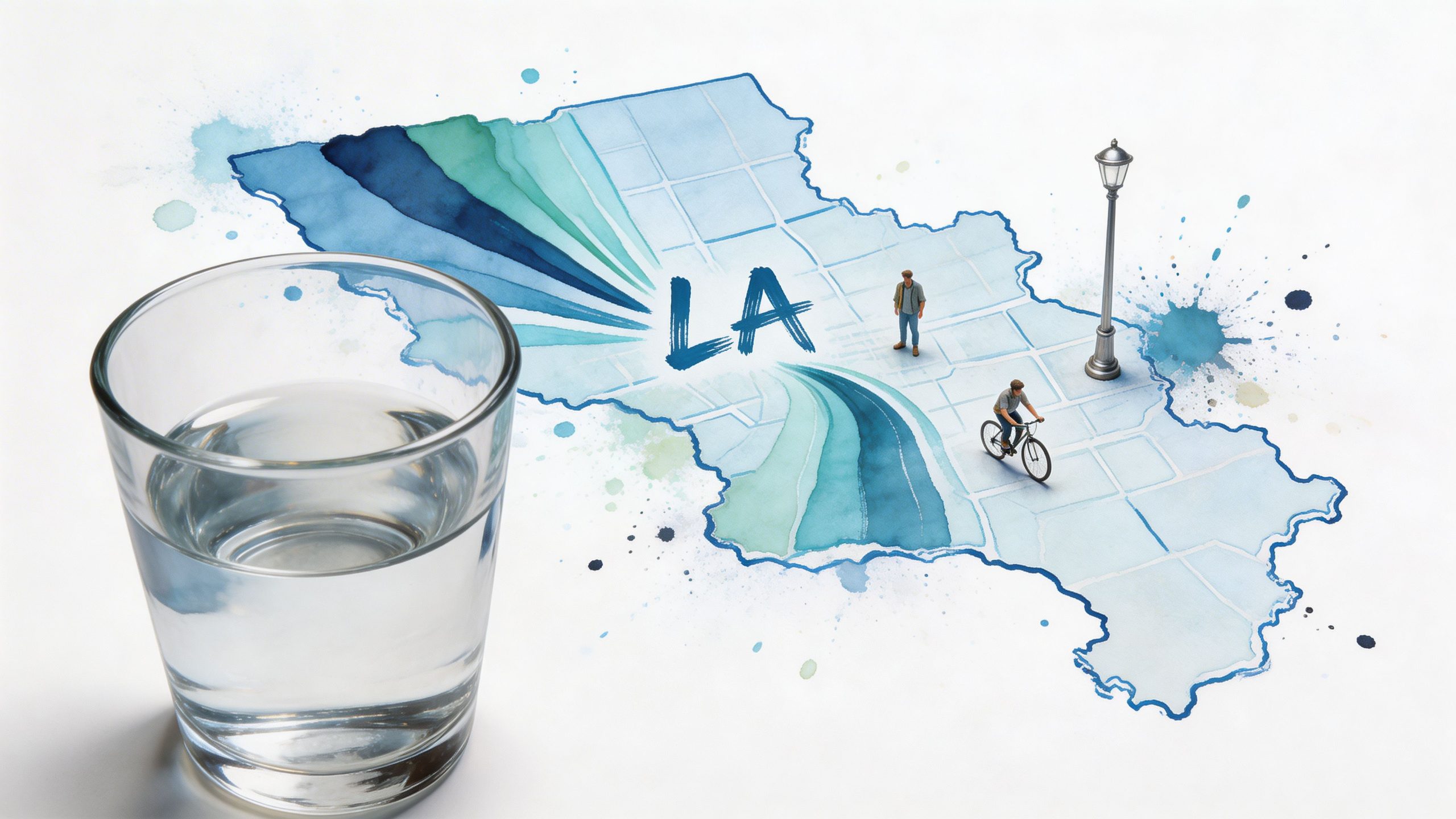 A glass of water next to an illustrated map of Los Angeles with miniature people and street furniture.