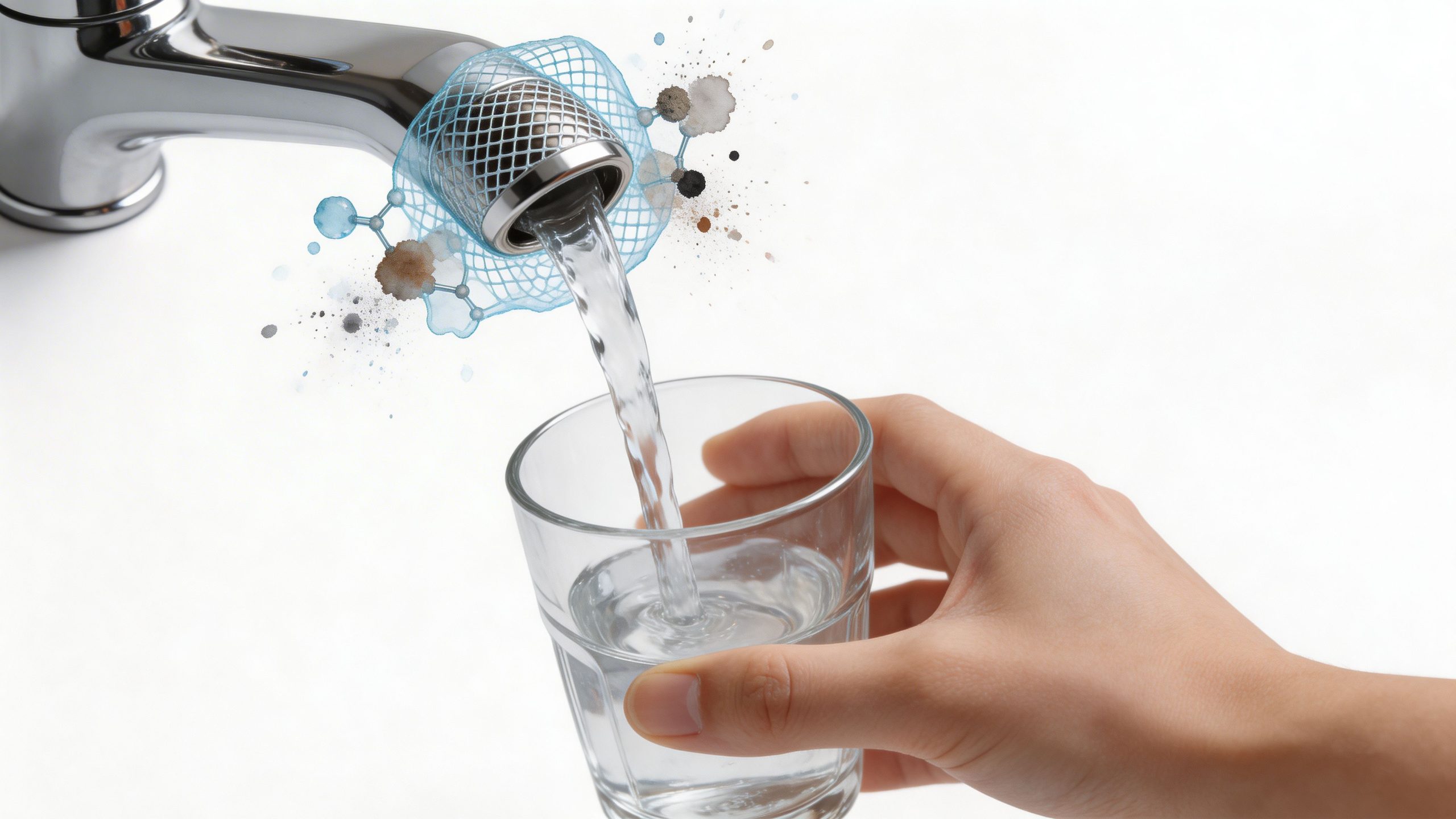 A hand holding a glass being filled with clean water from a chrome faucet with filter representation.