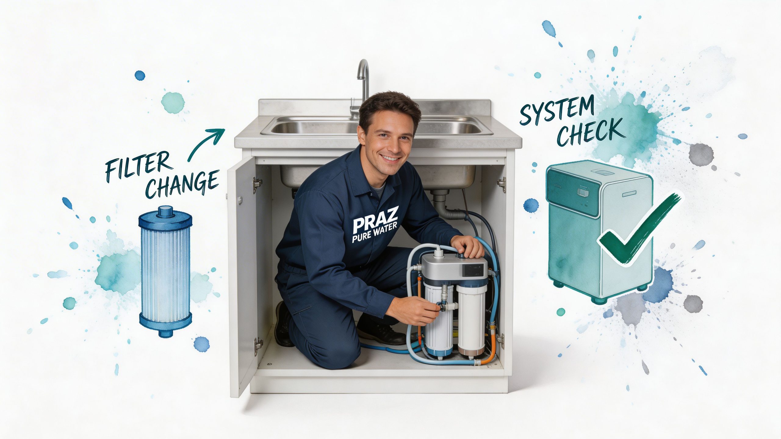 A professional technician from Praz Pure Water installing a reverse osmosis filtration system under a kitchen sink.