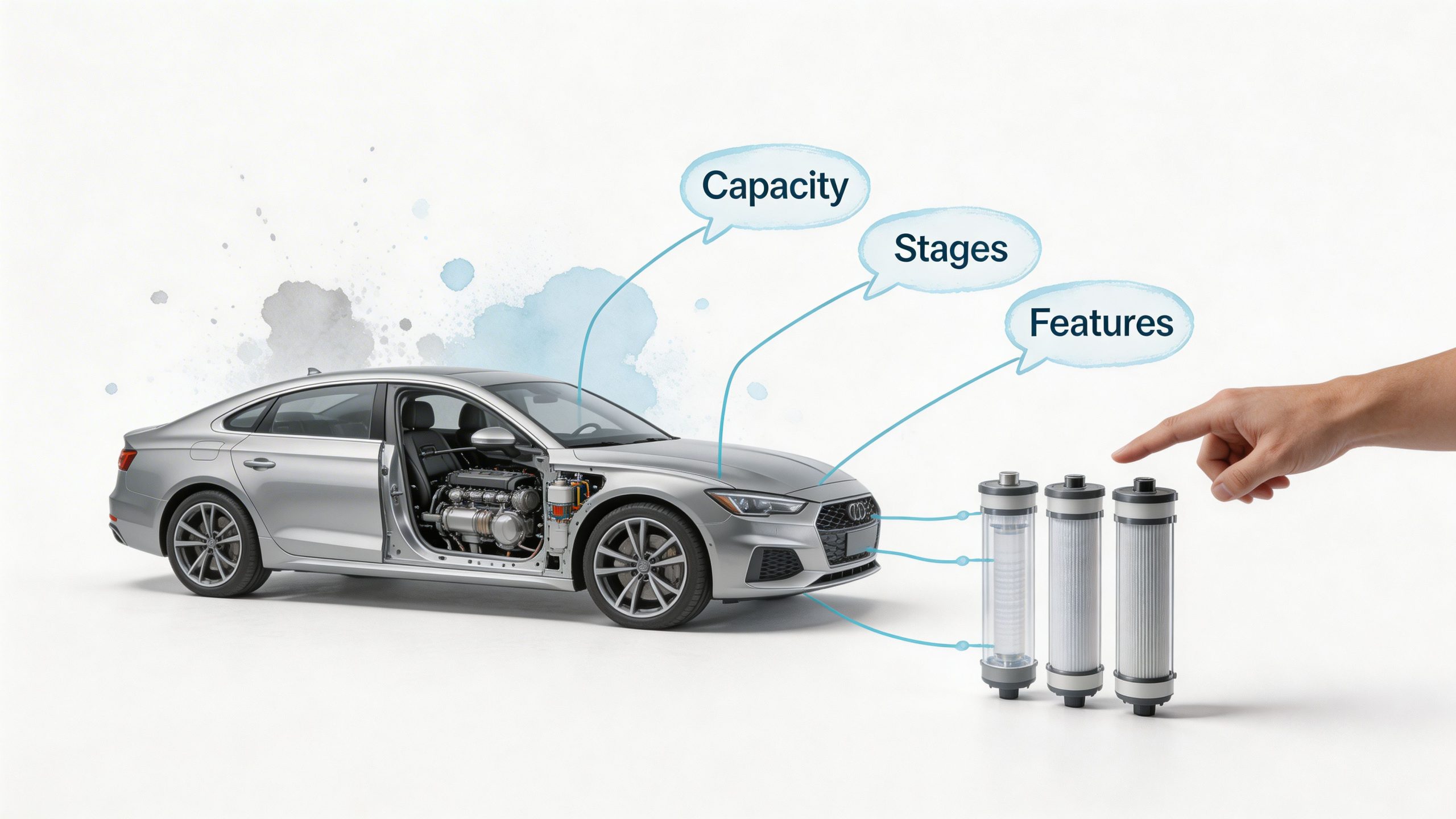 A silver car shown with water filtration cartridges and labels indicating capacity, stages, and features for comparison.