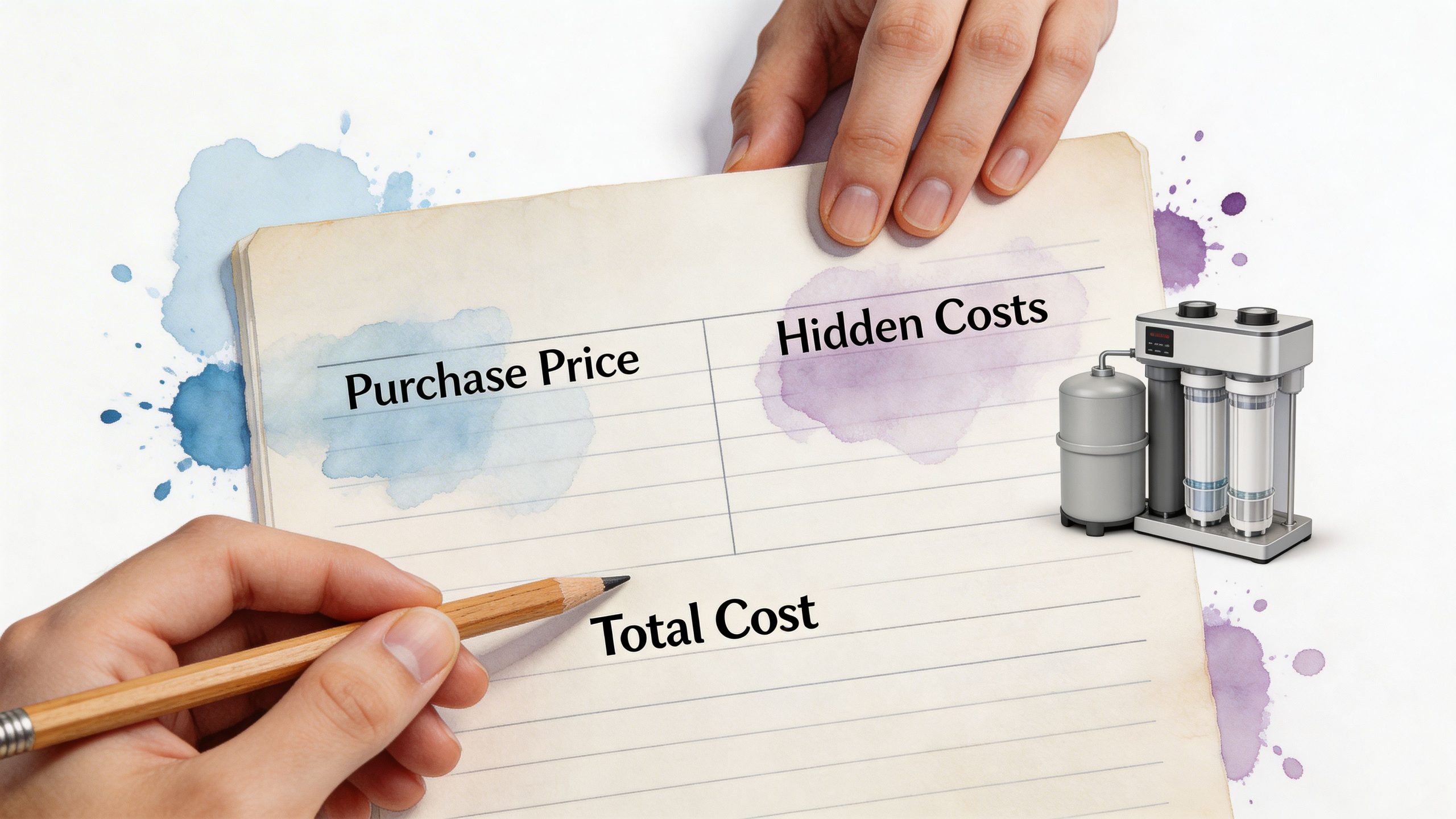 A person writing on a paper showing a comparison between purchase price and hidden costs for water systems.