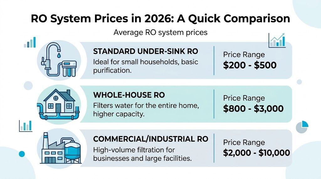 A comparison chart showing average price ranges for standard, whole-house, and commercial reverse osmosis water filtration systems.