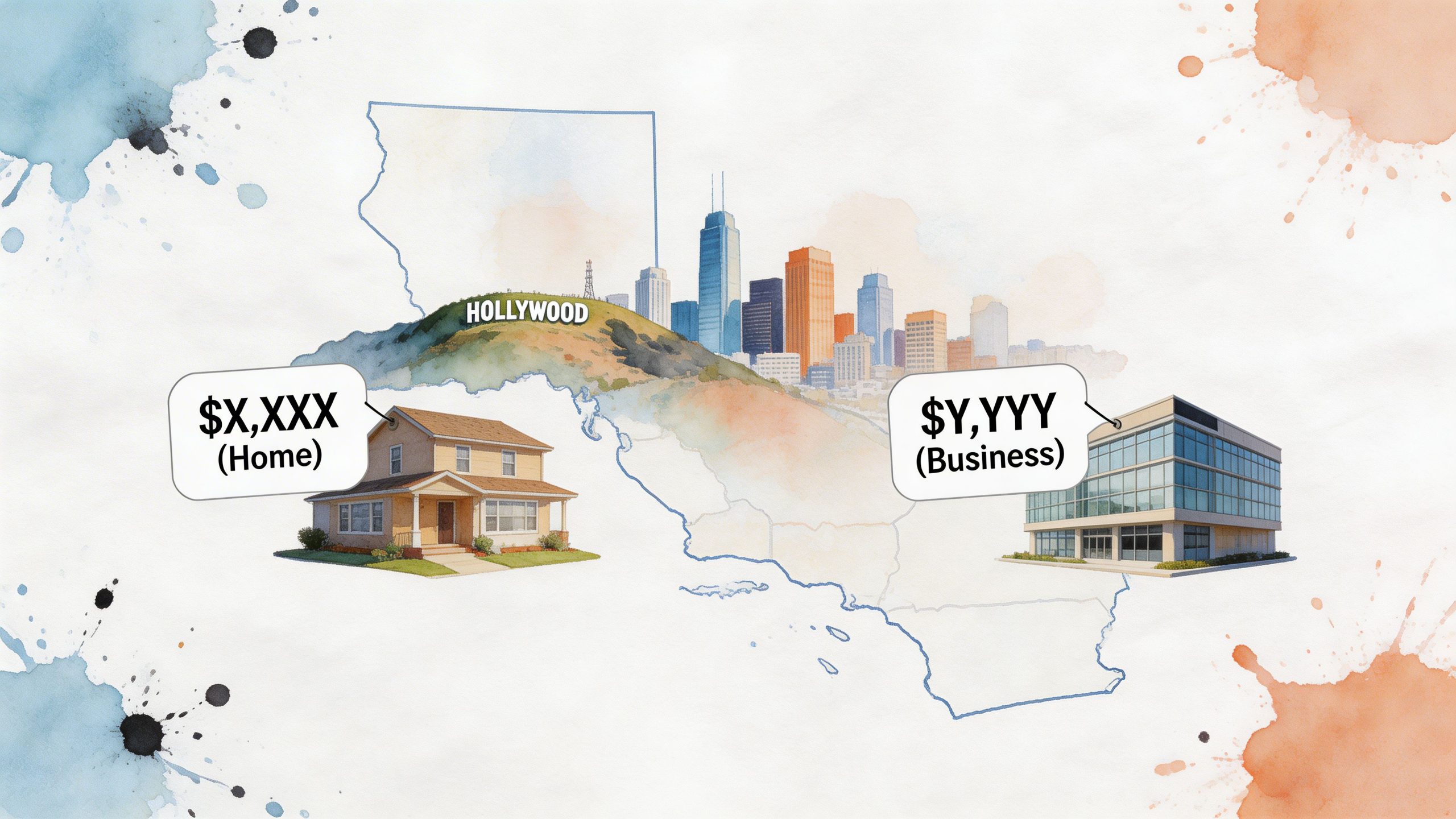 An illustration showing a house labeled home and a business building, representing residential and commercial real estate.