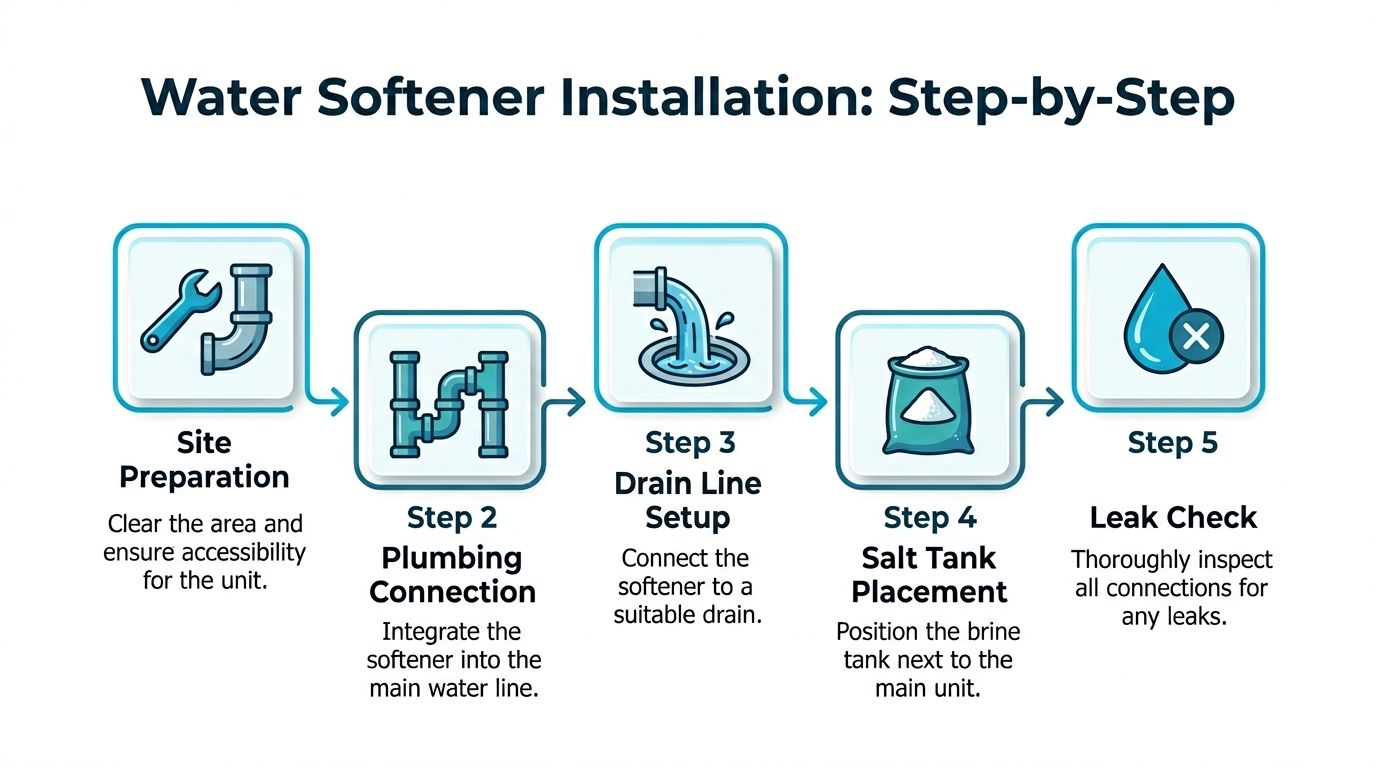 A step-by-step infographic illustrating the five-stage installation process for a salt-based water softener system.