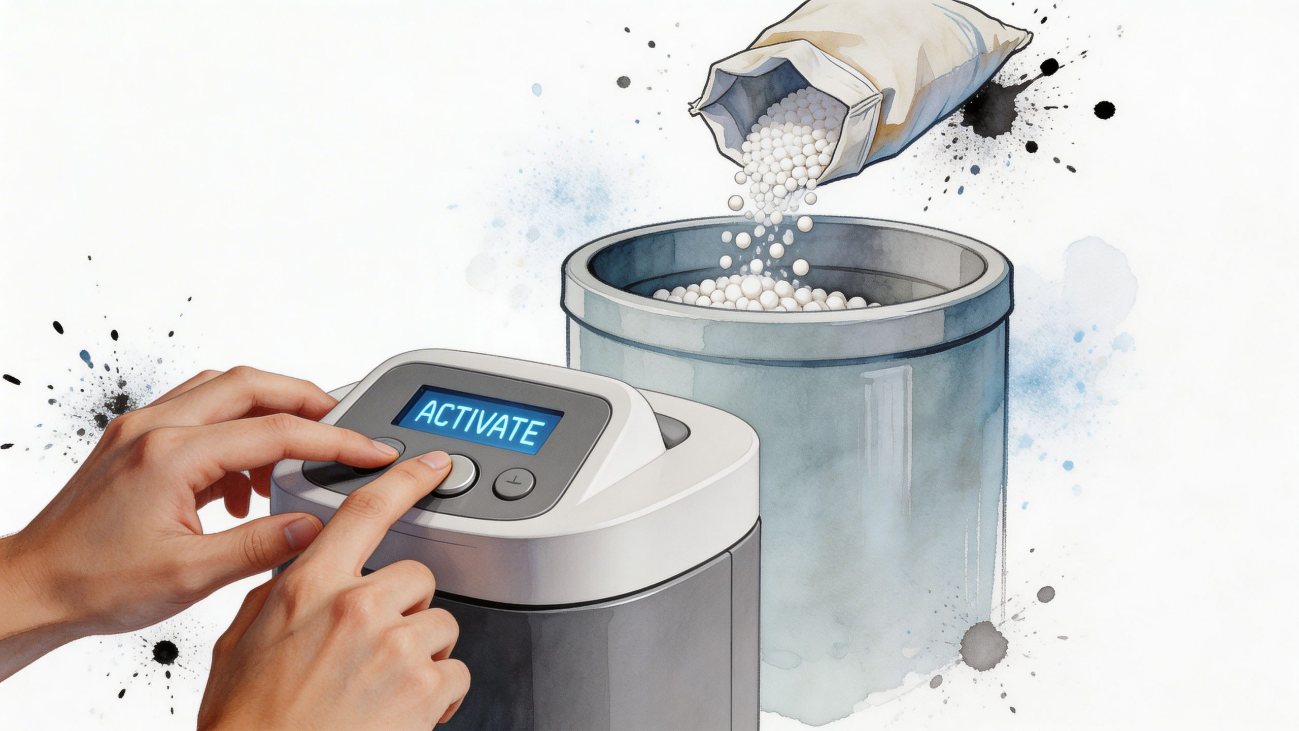 A person pressing the activate button on a water softener while pouring salt pellets into the brine tank.