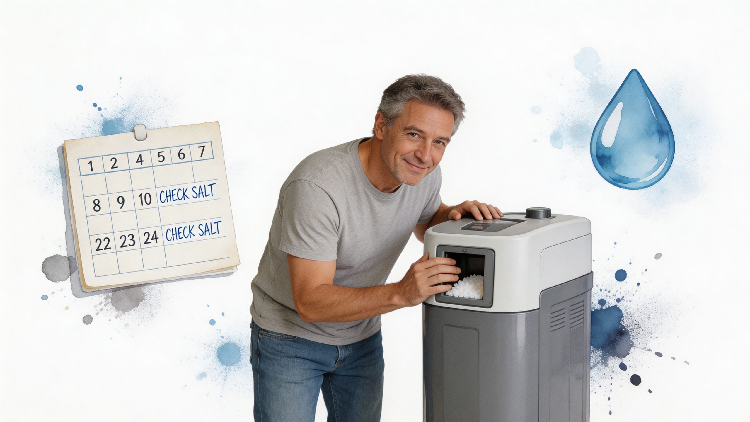 A man smiling while checking the salt level in a residential water softener unit near a calendar.
