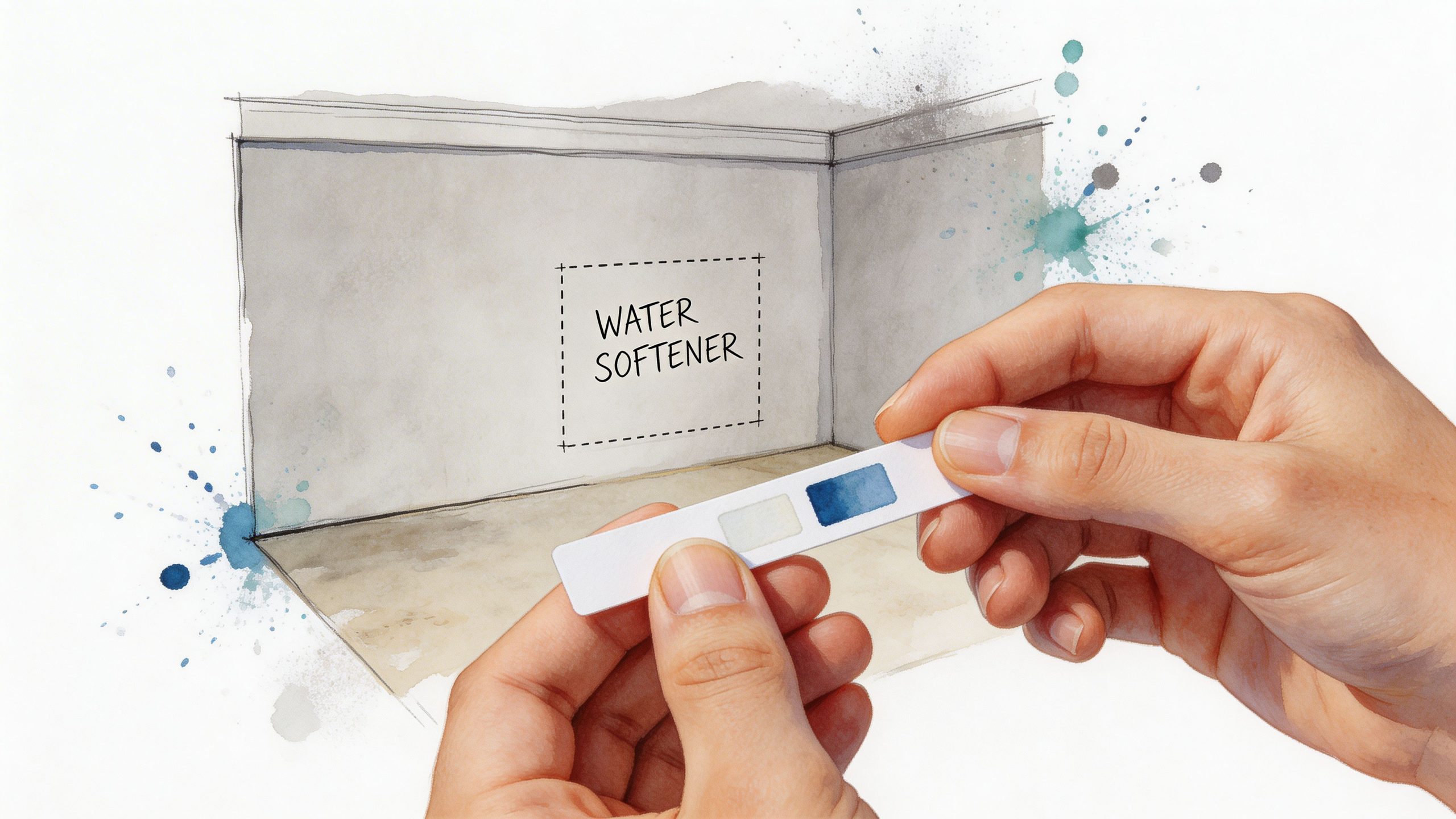 A close up of a hand holding a water testing strip in front of a water softener illustration.