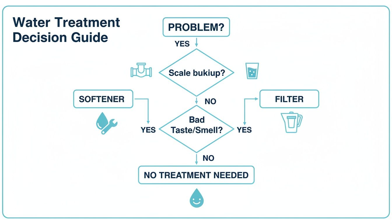 A flowchart guiding water treatment decisions based on problems like scale buildup or bad taste.