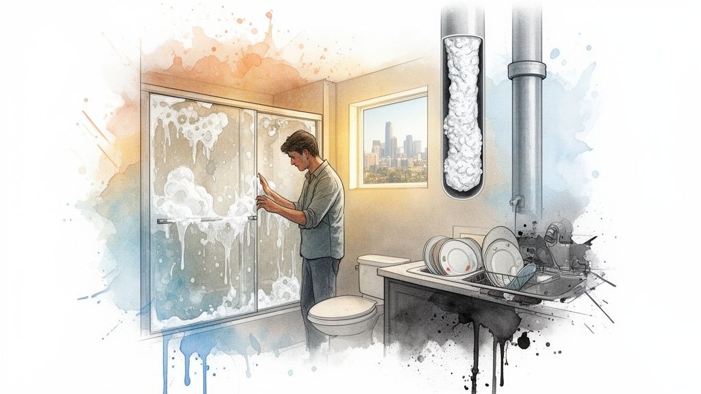 A man cleaning a soapy shower door, with a pipe showing hard water mineral buildup.