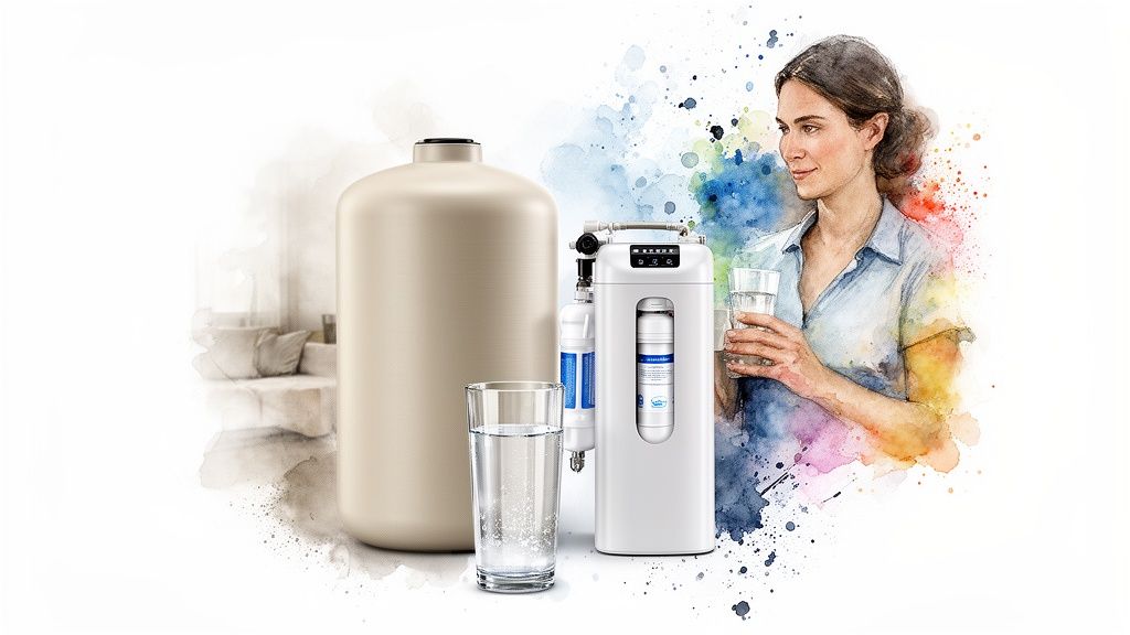 Watercolor art of a woman holding a glass of water near a home water filtration system and tank.