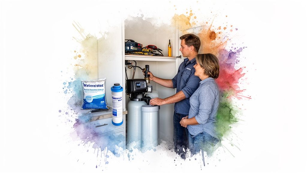 A man and a woman installing a home water treatment system with salt and a filter cartridge.