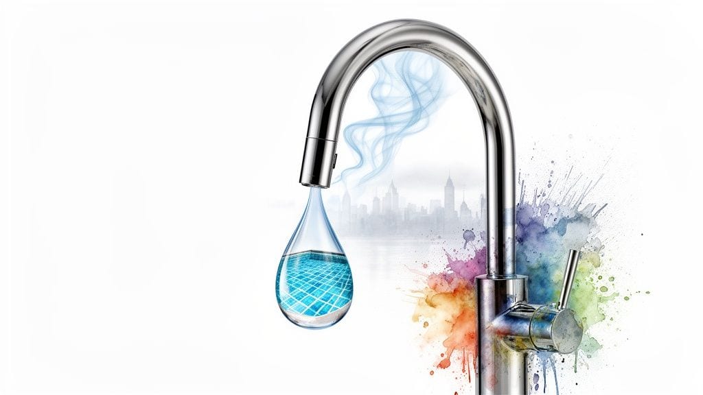 A chrome faucet with a water drop showing blue pool tiles, rising smoke, city skyline, and colorful paint splashes.