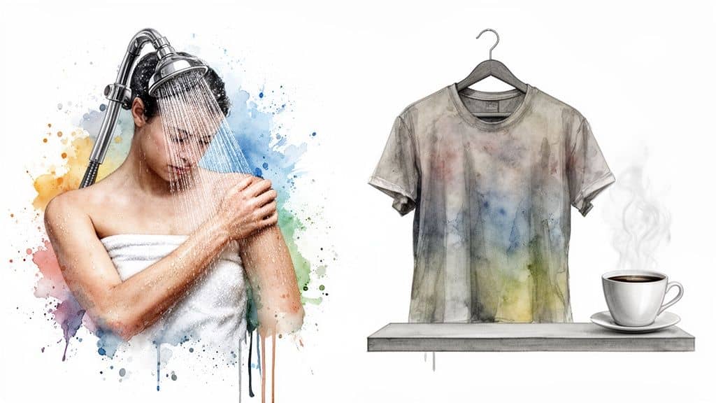 Watercolor illustration of a woman showering and a stained t-shirt with a cup of coffee.