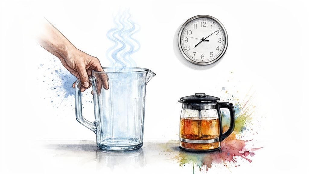 A hand holds a steaming pitcher of hot water next to a wall clock and a pot of brewed tea.