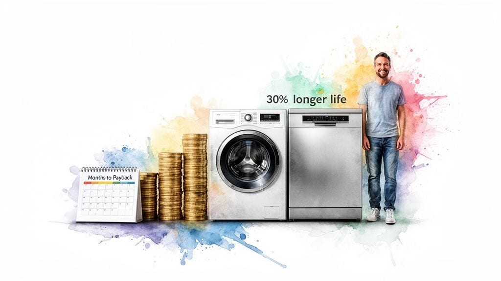 Man, washing machine, dishwasher, coins, and calendar illustrating 30% longer life and payback.