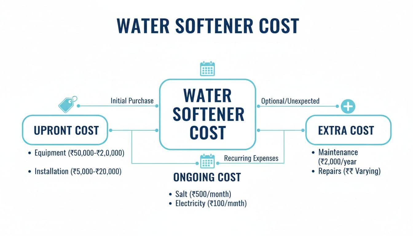 An infographic detailing the comprehensive cost breakdown of a water softener system, including upfront, ongoing, and extra expenses.