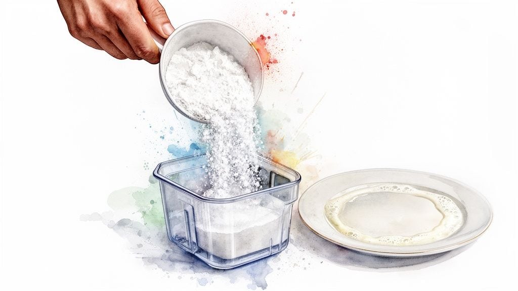 A hand pours white powder into a clear container next to a plate with white residue.