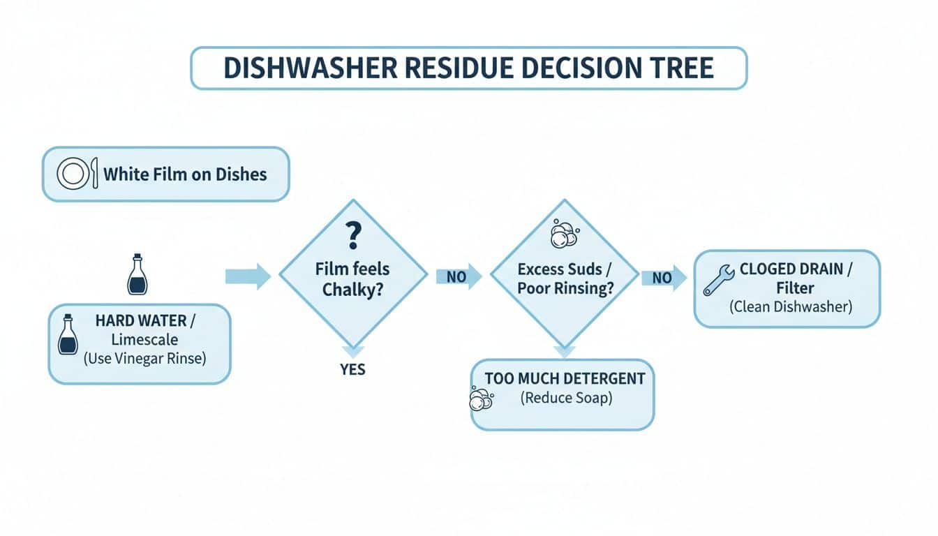 A dishwasher residue decision tree flowchart explaining causes and solutions for white film on dishes.