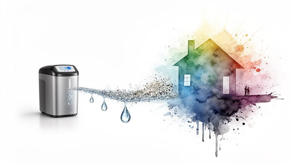 A water softener filters dirty water, bringing pure, clean water to a vibrant, artistic house.