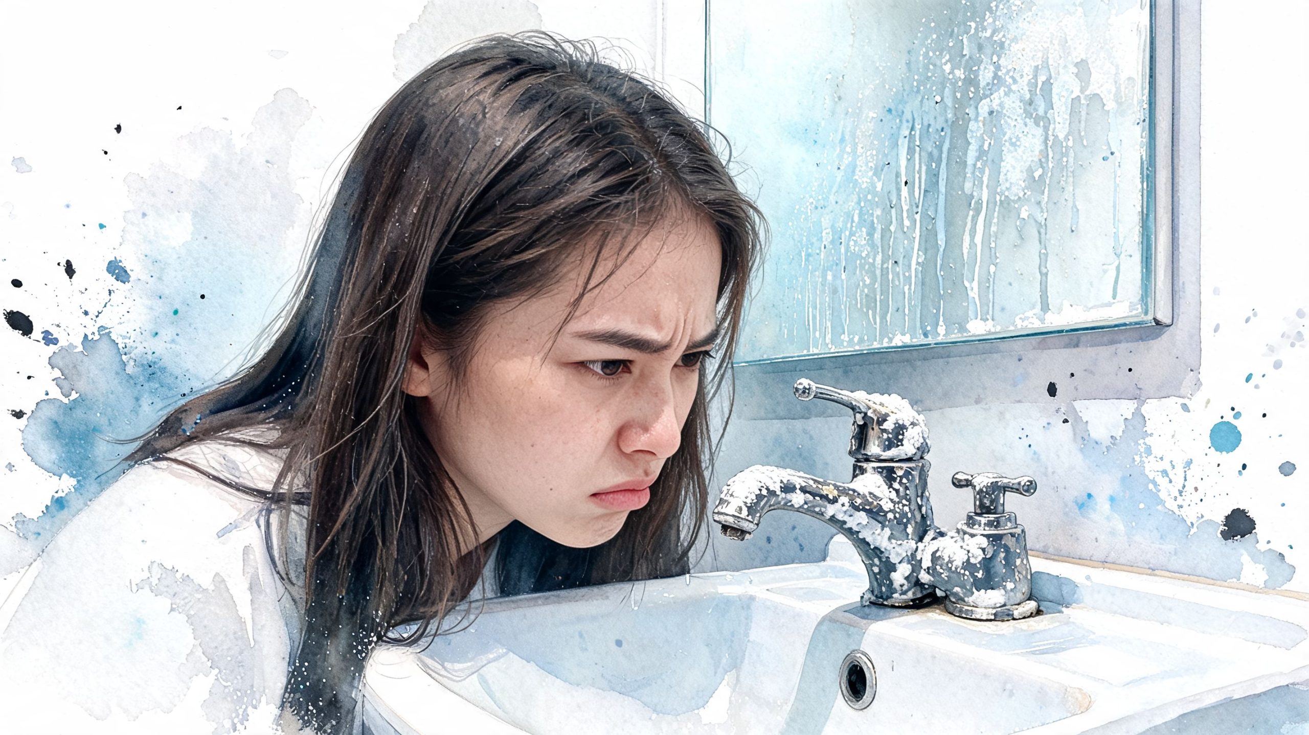 A young woman looking with concern at a corroded bathroom faucet covered in white mineral deposits.