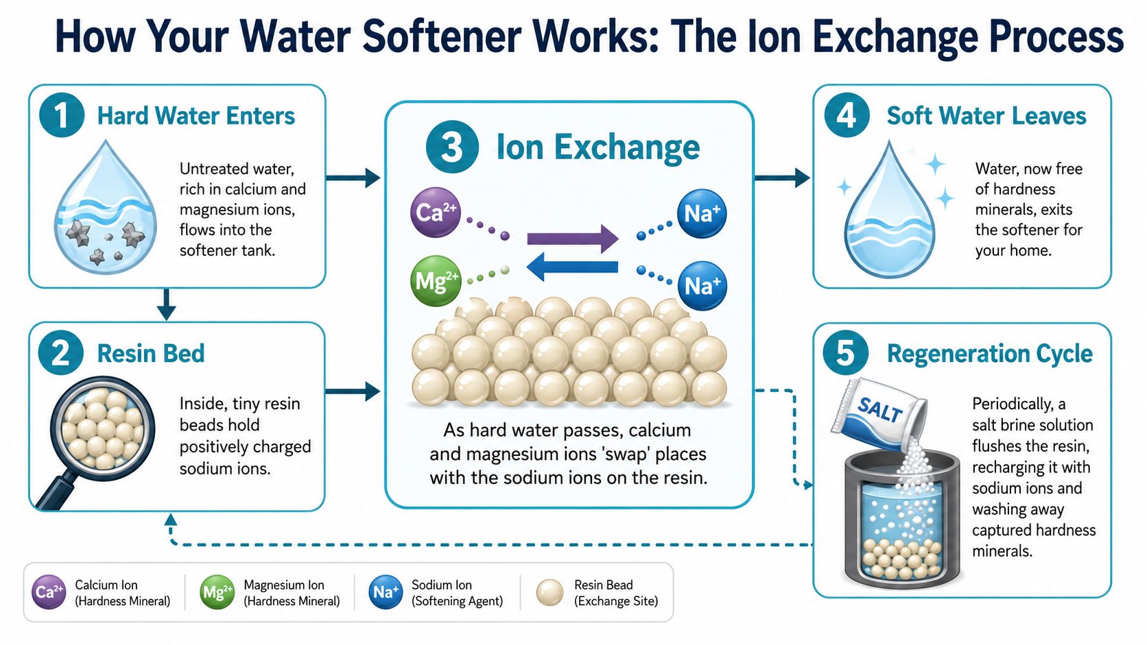 A diagram illustrating the ion exchange process in a water softener with five numbered steps.