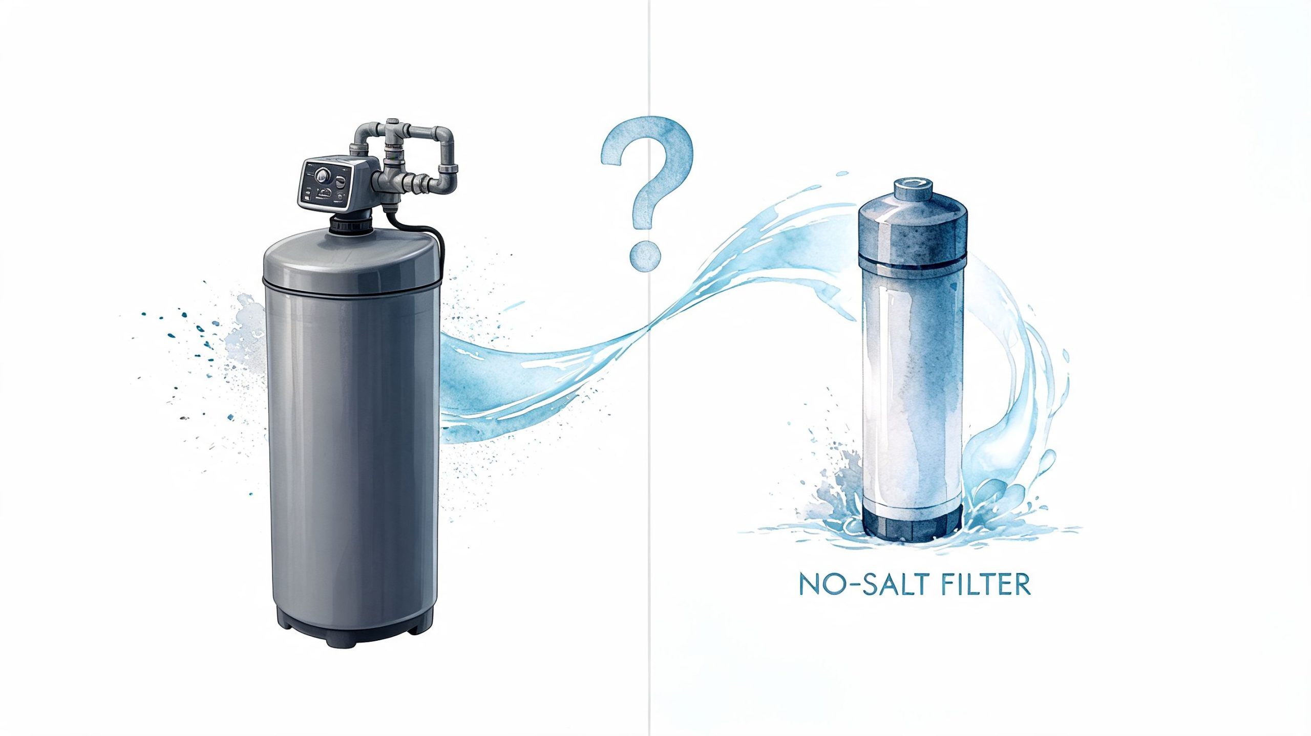 A comparative illustration showing a standard water softener system next to a no-salt water filter system.