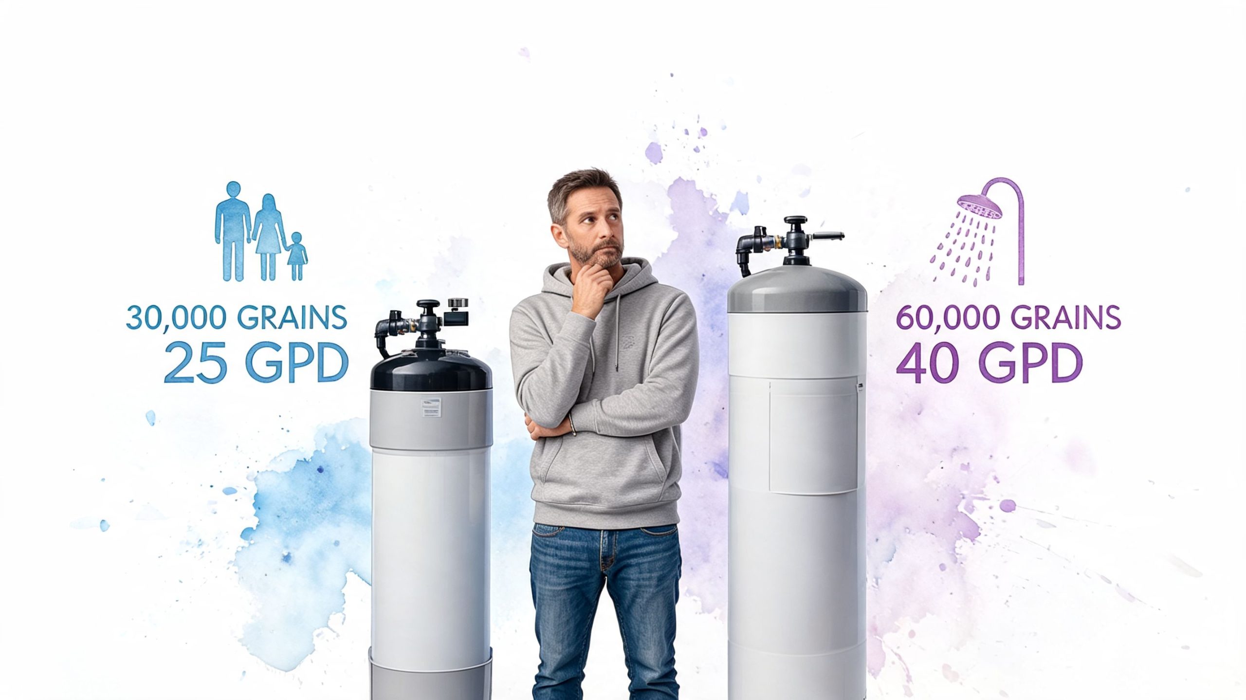 A man stands between two water softener tanks with capacity and usage information displayed beside each unit.