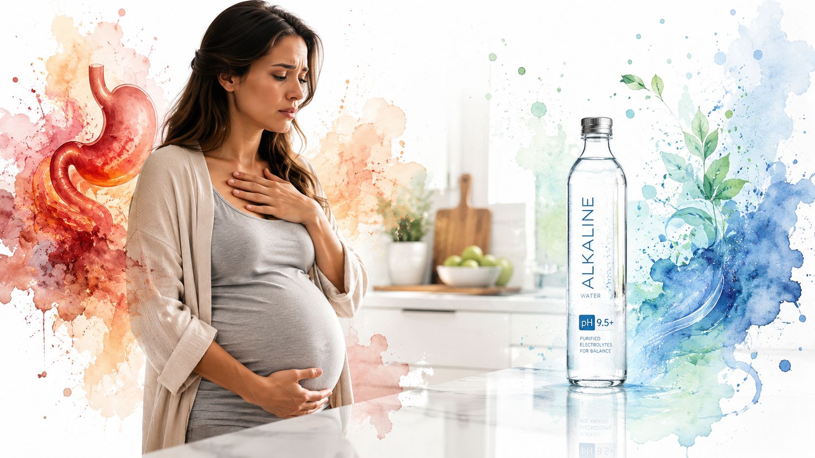 A pregnant woman experiencing heartburn stands next to a bottle of pH 9.5 alkaline water.