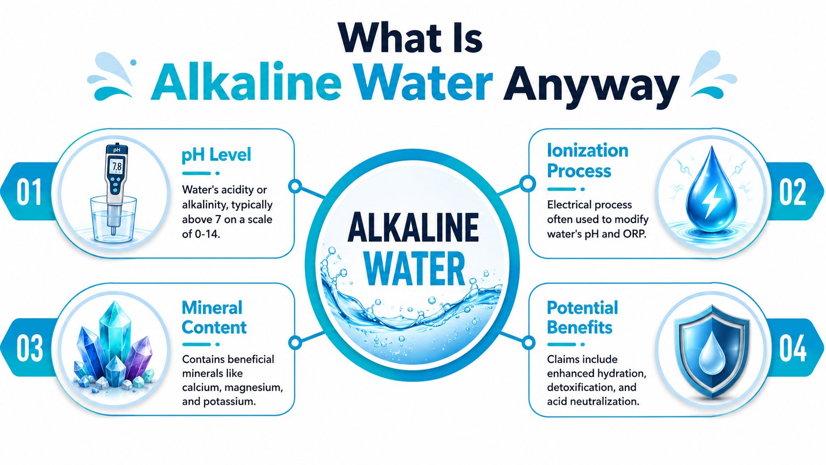 An infographic titled What Is Alkaline Water Anyway explaining its pH, ionization, minerals, and potential health benefits.