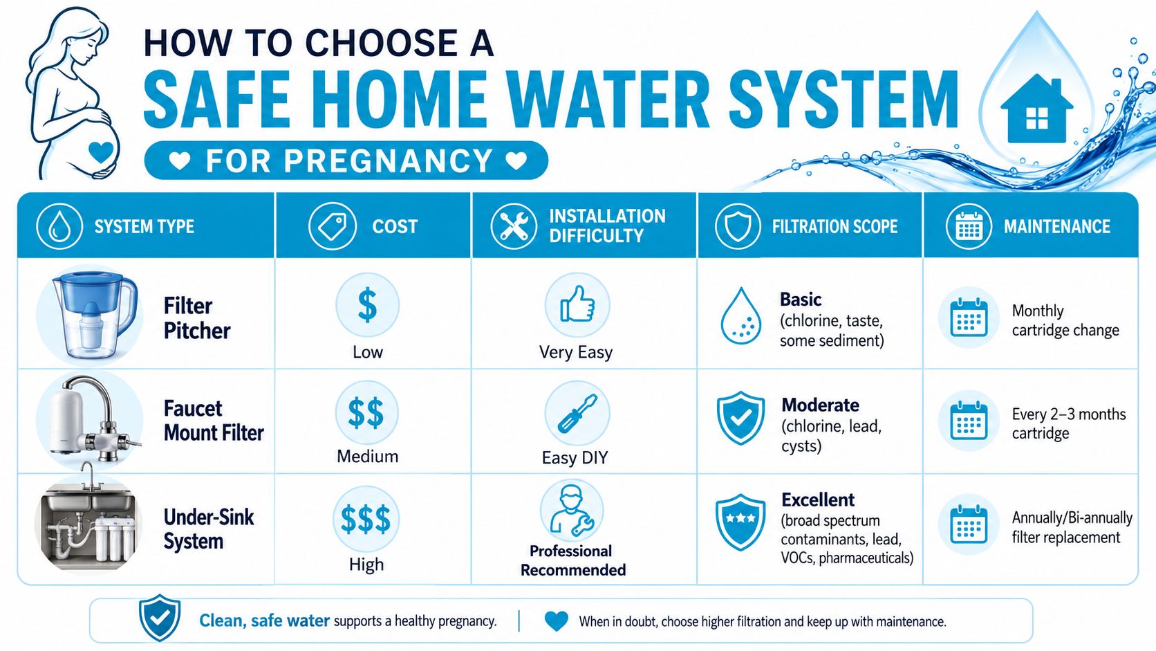 A comparison chart showing different water filtration systems to choose for a safe home pregnancy water supply.