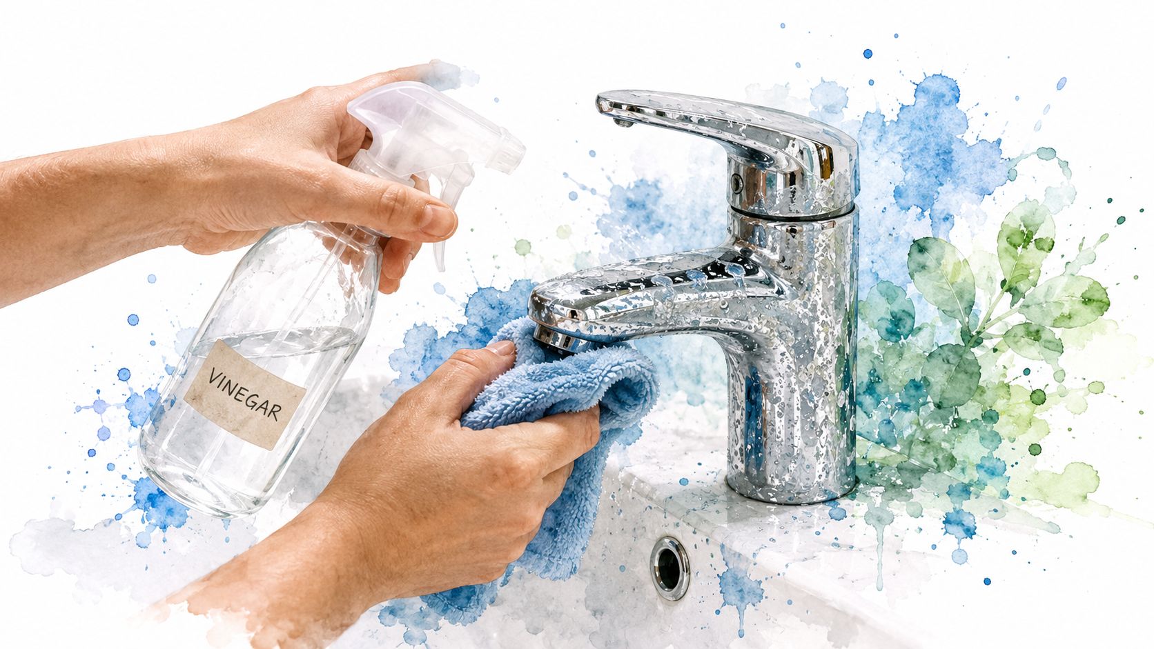 A person cleaning a chrome bathroom faucet with a vinegar spray bottle and a blue microfiber cloth.