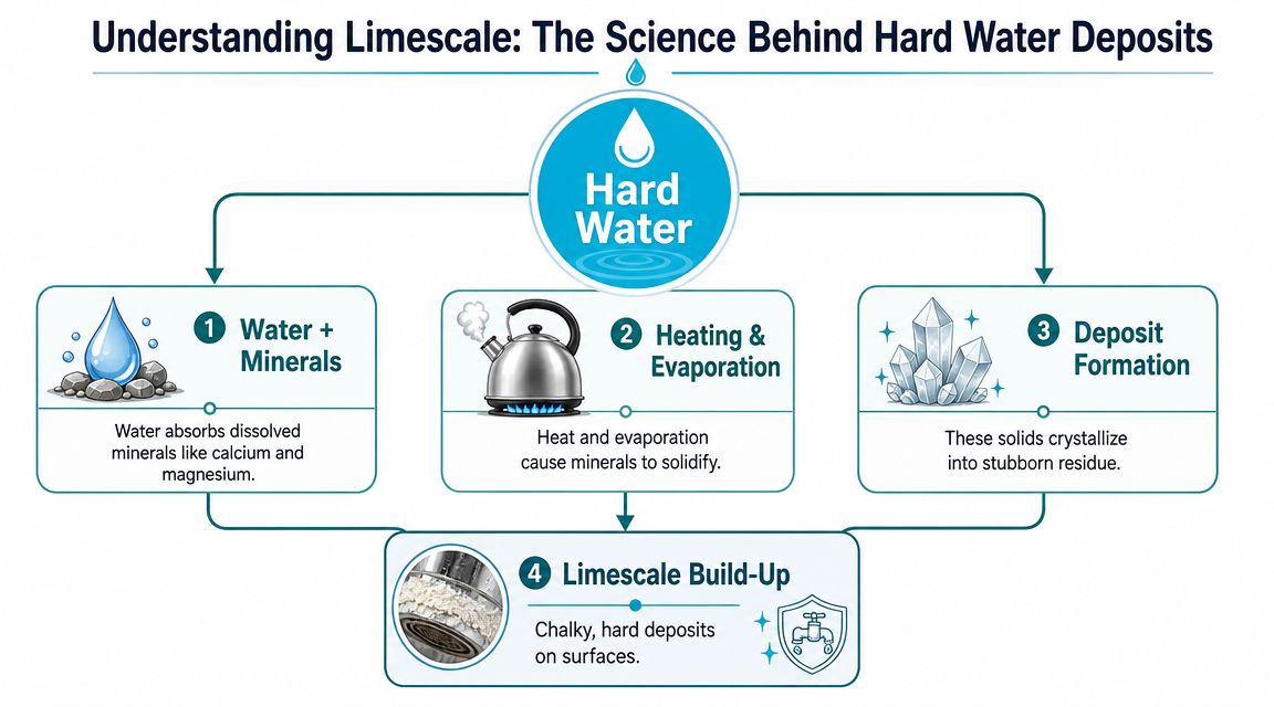 A diagram illustrating the four-step process of how hard water forms stubborn limescale deposits on surfaces.