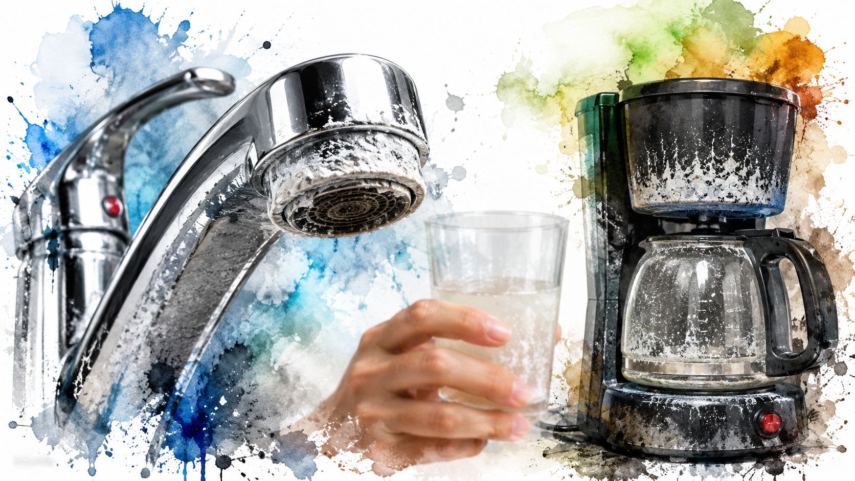 A conceptual image showing limescale buildup on a chrome faucet and a coffee maker with cloudy water.