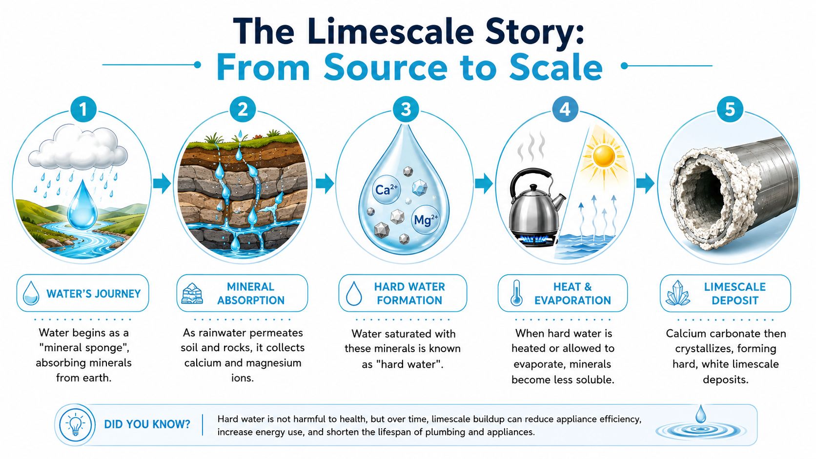 An infographic showing the five-step process of how rainwater collects minerals to form limescale deposits in pipes.