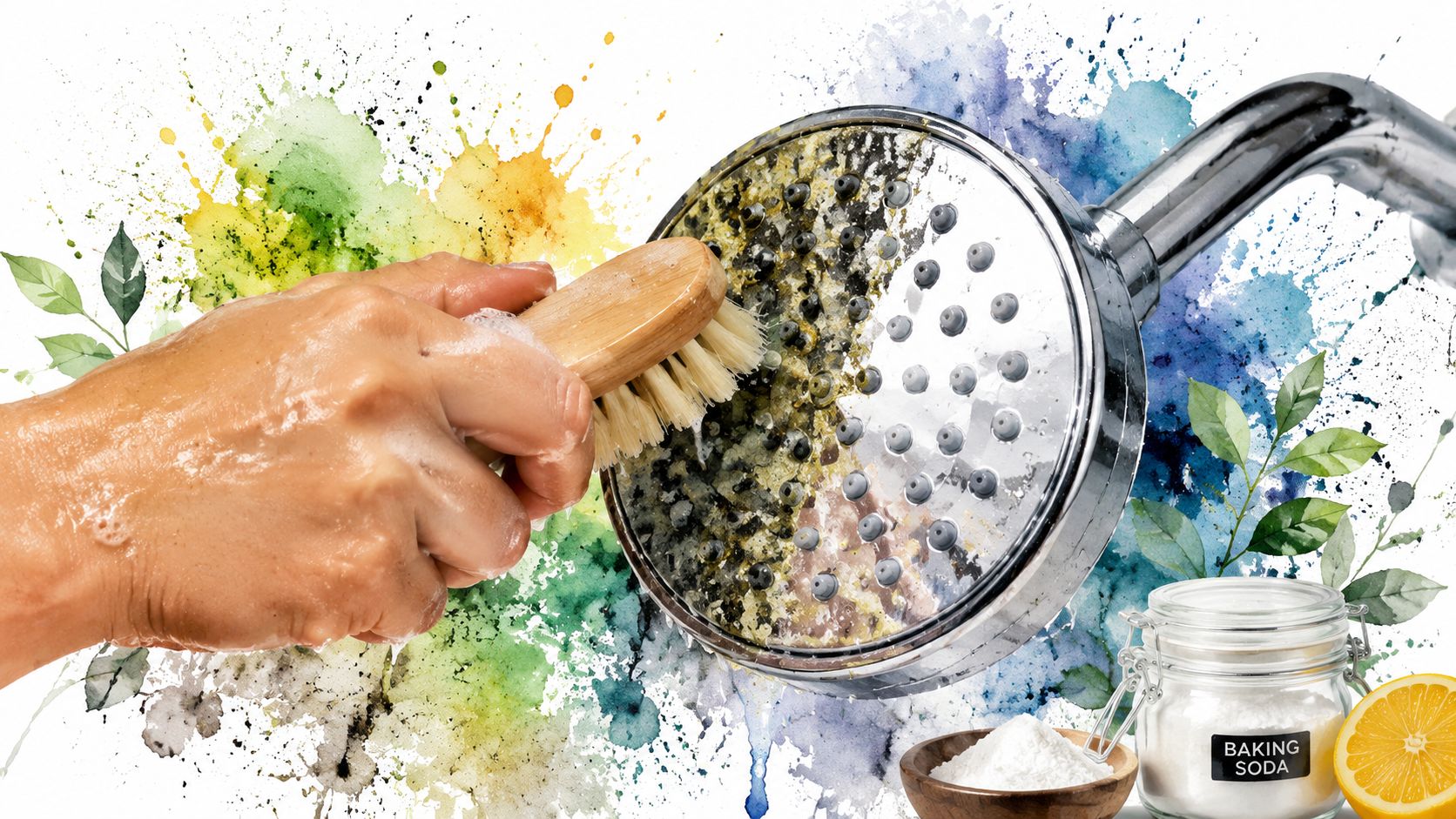 A hand scrubbing a shower head covered in limescale with a brush next to baking soda and lemon.