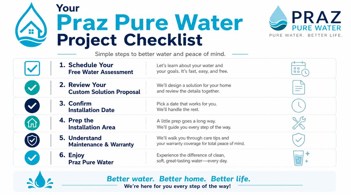 A six-step checklist infographic for the Praz Pure Water installation process in a home setting.