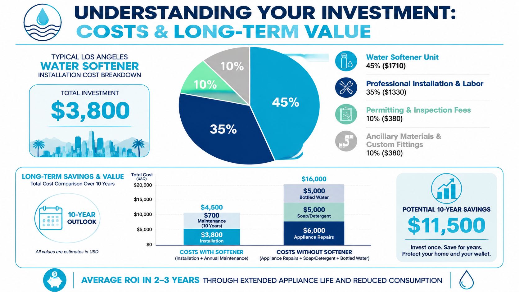 An infographic showing the installation costs and 10-year savings of a water softener system in Los Angeles.