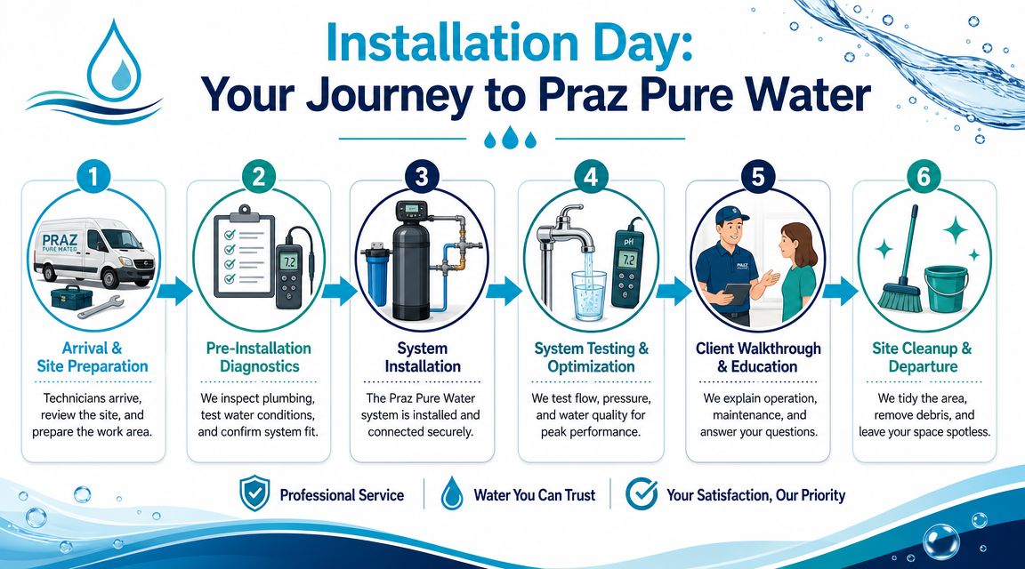A six-step infographic detailing the Praz Pure Water home water softener system installation process for customers.