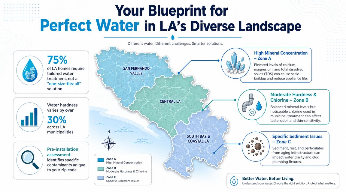 A map infographic showing different Los Angeles regions needing tailored water treatment solutions for various water contaminants.