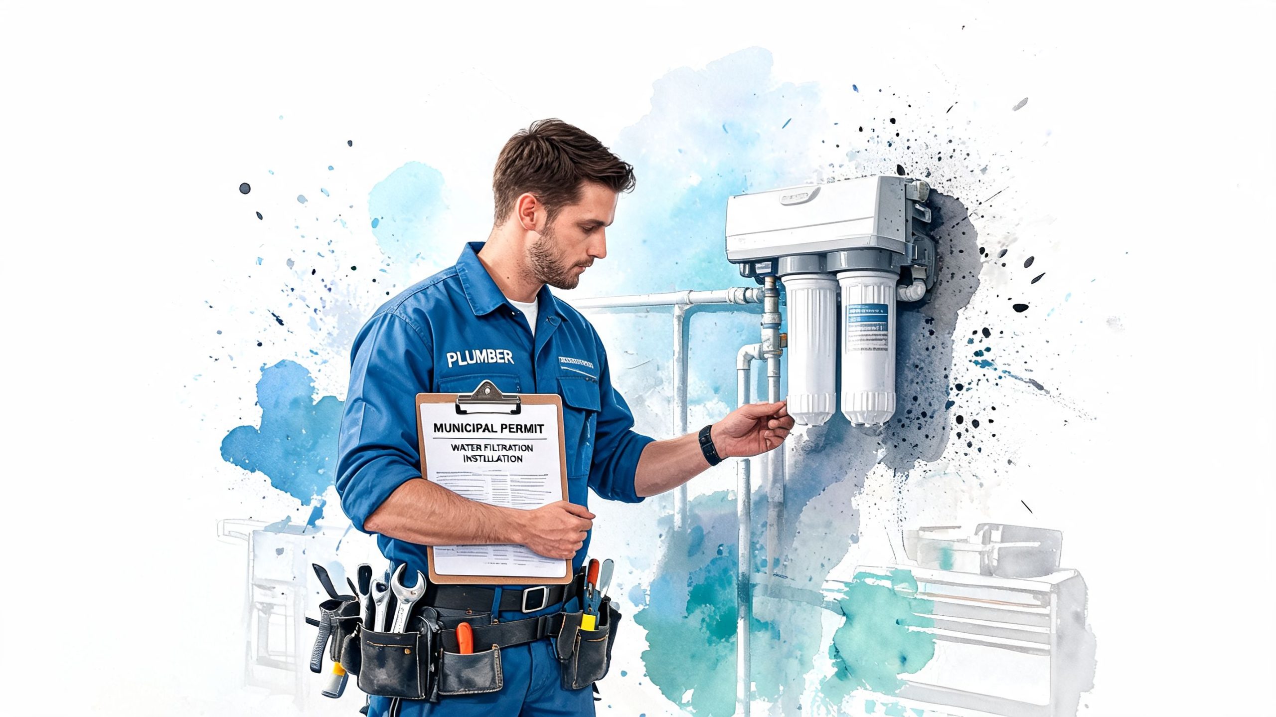 A professional plumber in uniform examining a newly installed water filtration system with a permit clipboard.