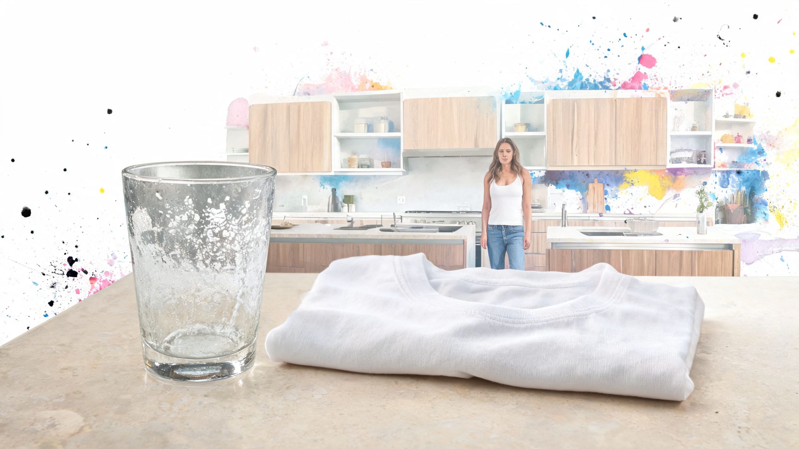 A dirty glass next to a clean white t-shirt on a kitchen counter in Los Angeles.
