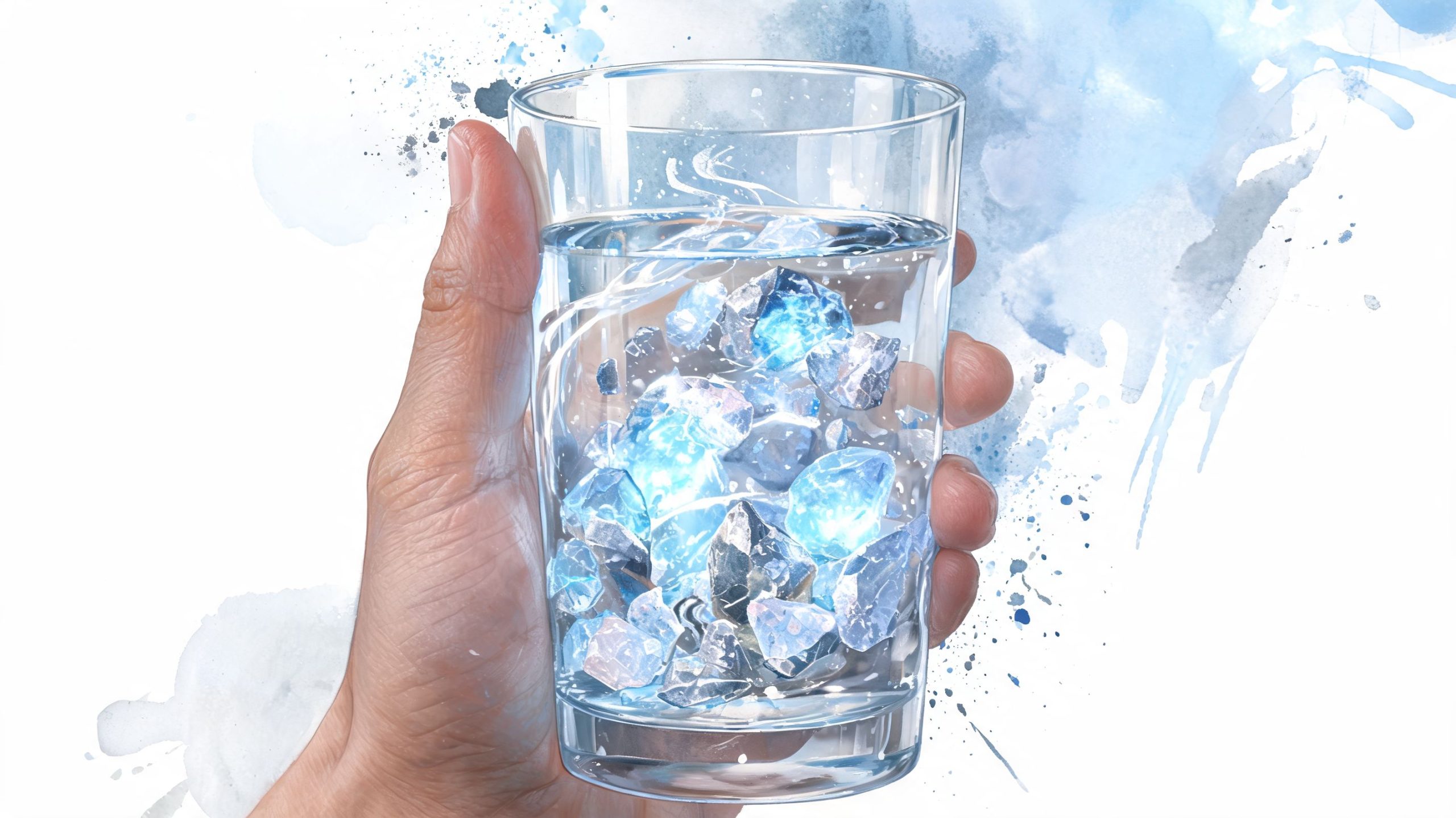 A hand holding a clear glass of water filled with sparkling blue ice crystals and liquid.