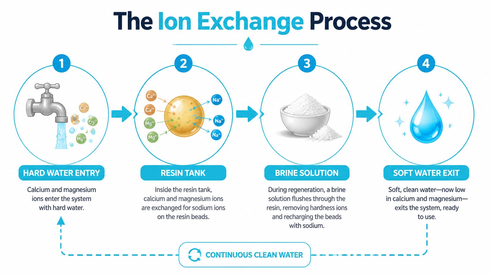 A four-step diagram illustrating the ion exchange process used for softening hard water through a resin tank.