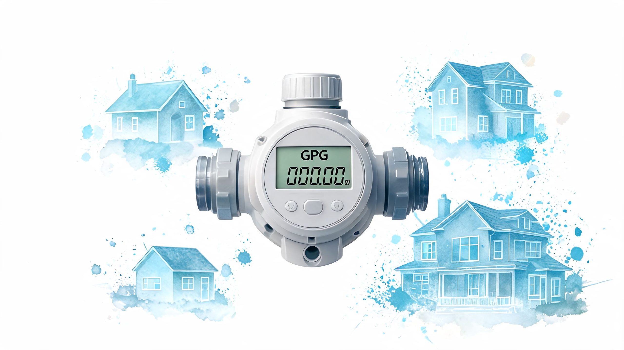 A water meter displaying GPG measurement surrounded by watercolor style illustrations of four different residential houses.