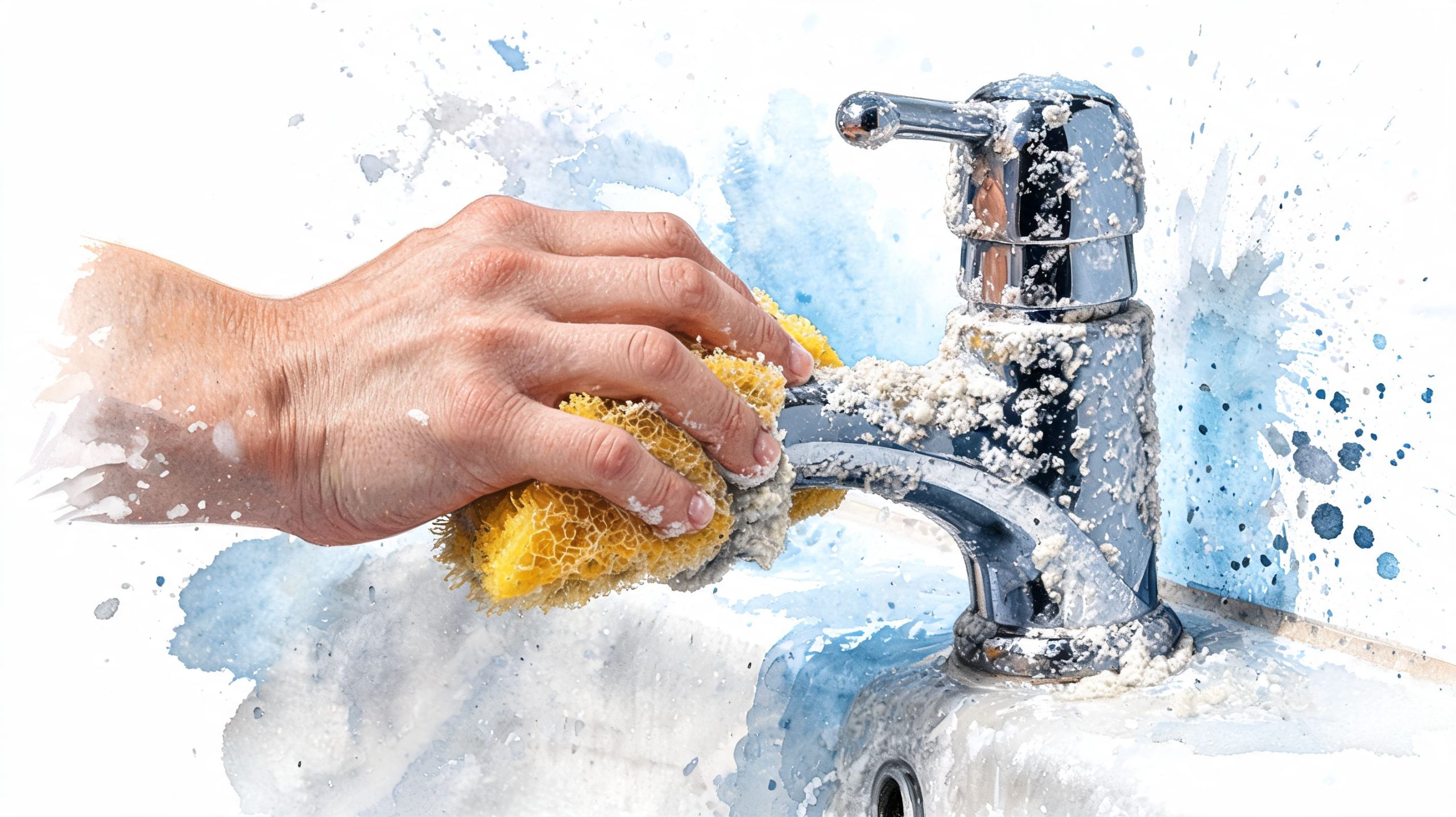 A hand using a yellow sponge to scrub lime deposits off a chrome bathroom faucet.