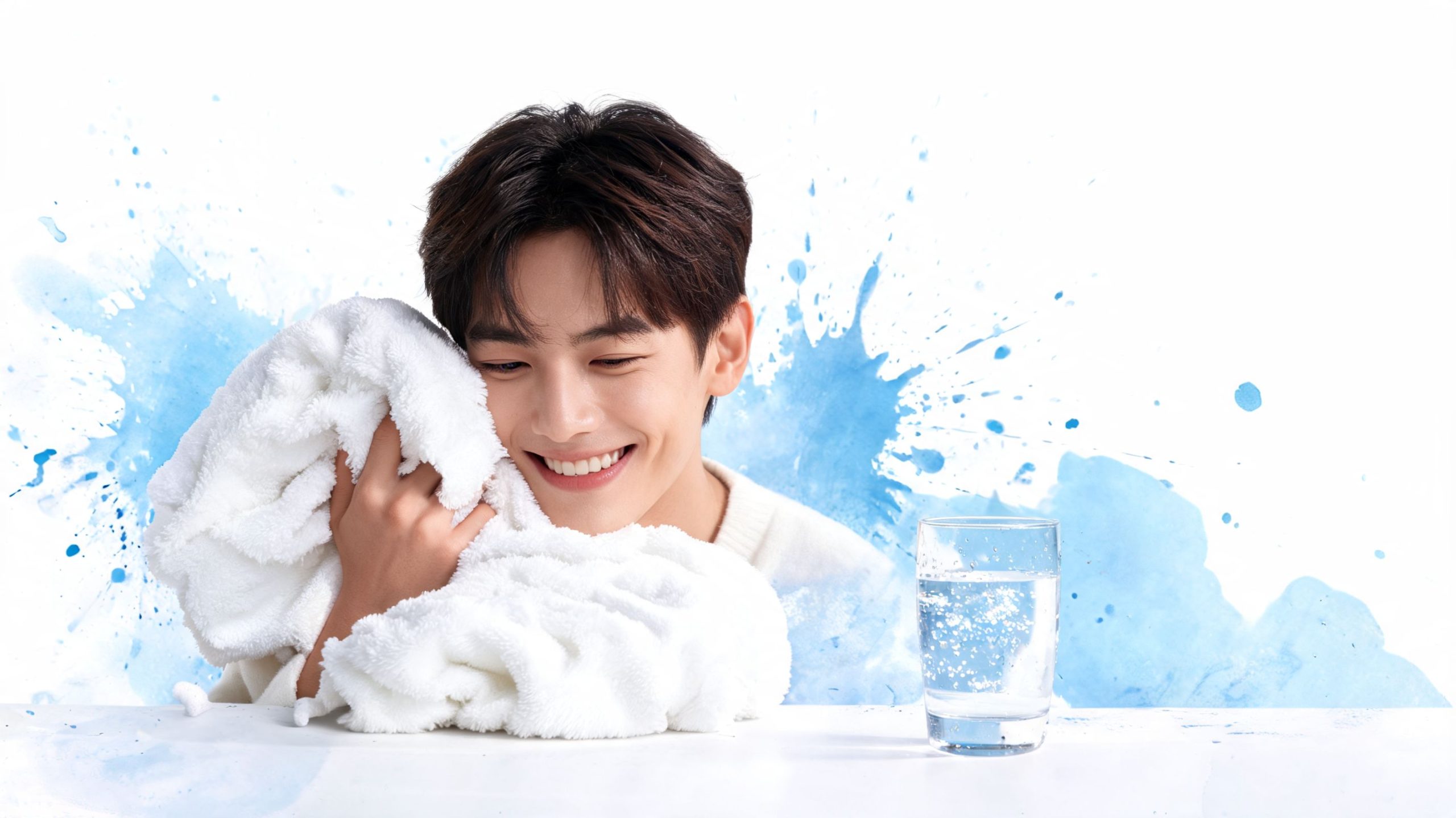 A young Asian man smiling while pressing a soft, fluffy white towel against his face near water.