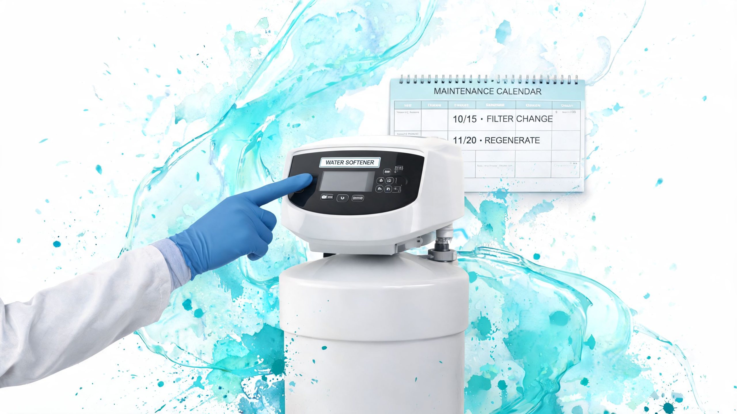 A professional in a lab coat and blue gloves programs a digital water softener system for home maintenance.