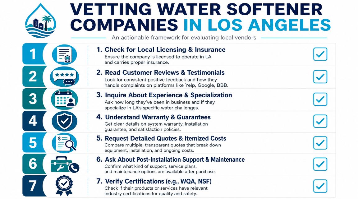 A checklist infographic titled Vetting Water Softener Companies in Los Angeles with seven essential evaluation steps.