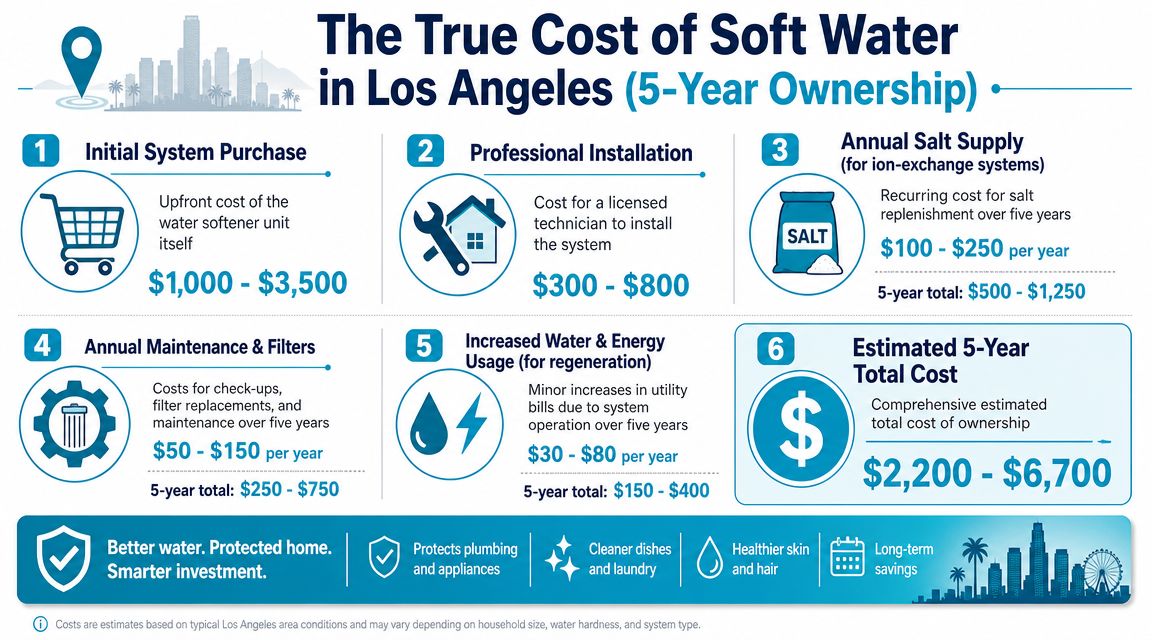 An infographic detailing the five-year cost breakdown of owning a water softener system in Los Angeles.