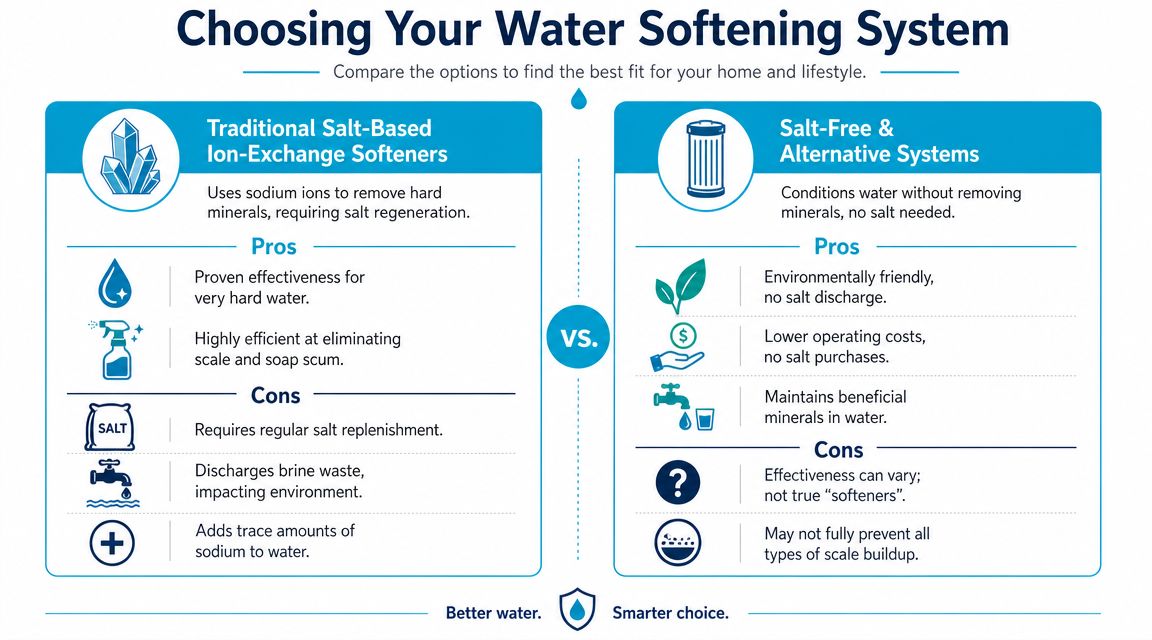 A comparison chart showing the differences between traditional salt-based water softeners and salt-free water conditioning systems.
